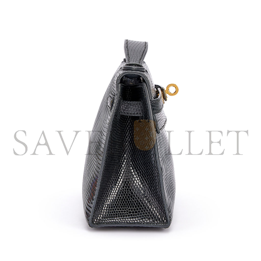 HERMÈS MASTER  BLACK SHINY NILOTICUS LIZARD KELLY POCHETTE GOLD HARDWARE (22*14*7cm)